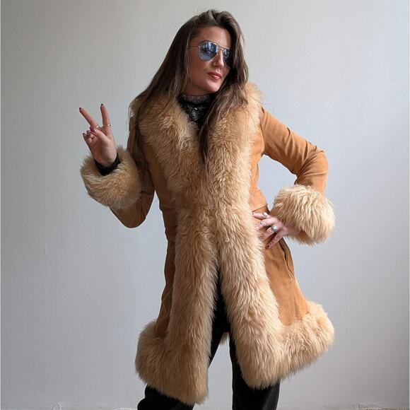 Vintage Tan Brown Suede Penny Lane Jacket Fur Furry Leather Trench Coat Small - Picture 3 of 13